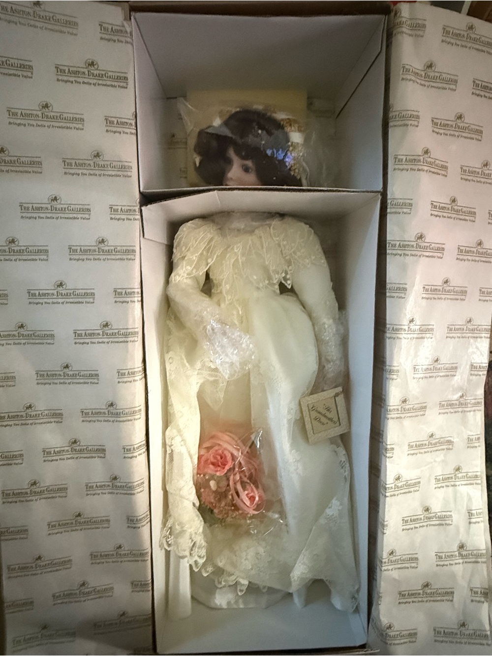 Porcelain Bride Doll in Ivory Lace Gown with Pink Bouquet